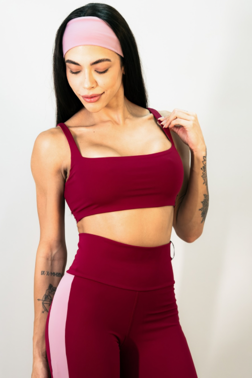 CALÇA FLARE FAIXA LAT BICOLOR VINHO CARMIM/ROSA MALVA