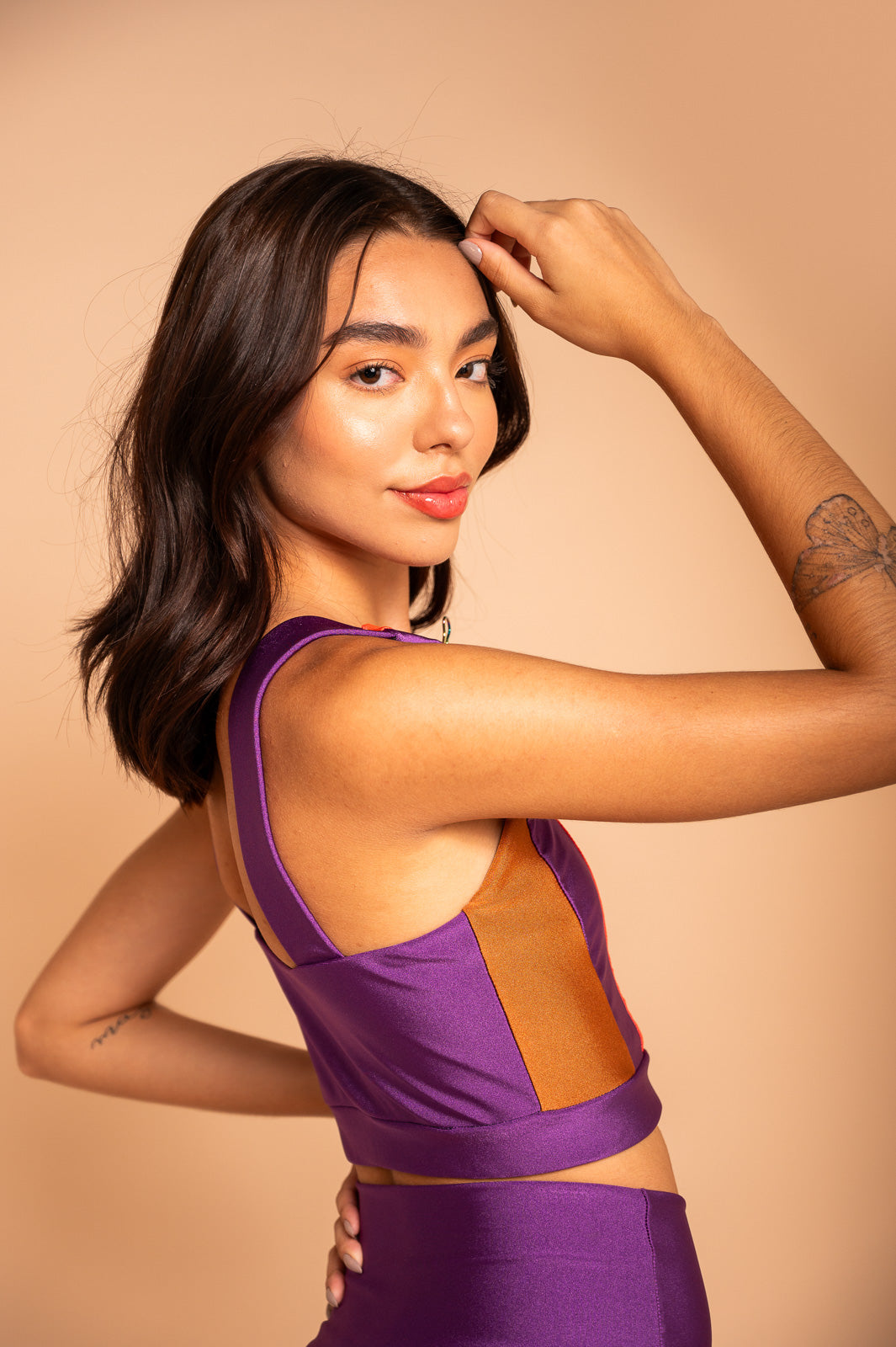 TOP TRICOLOR VERTICAL CORAL/ ROXO/ CONHAQUE